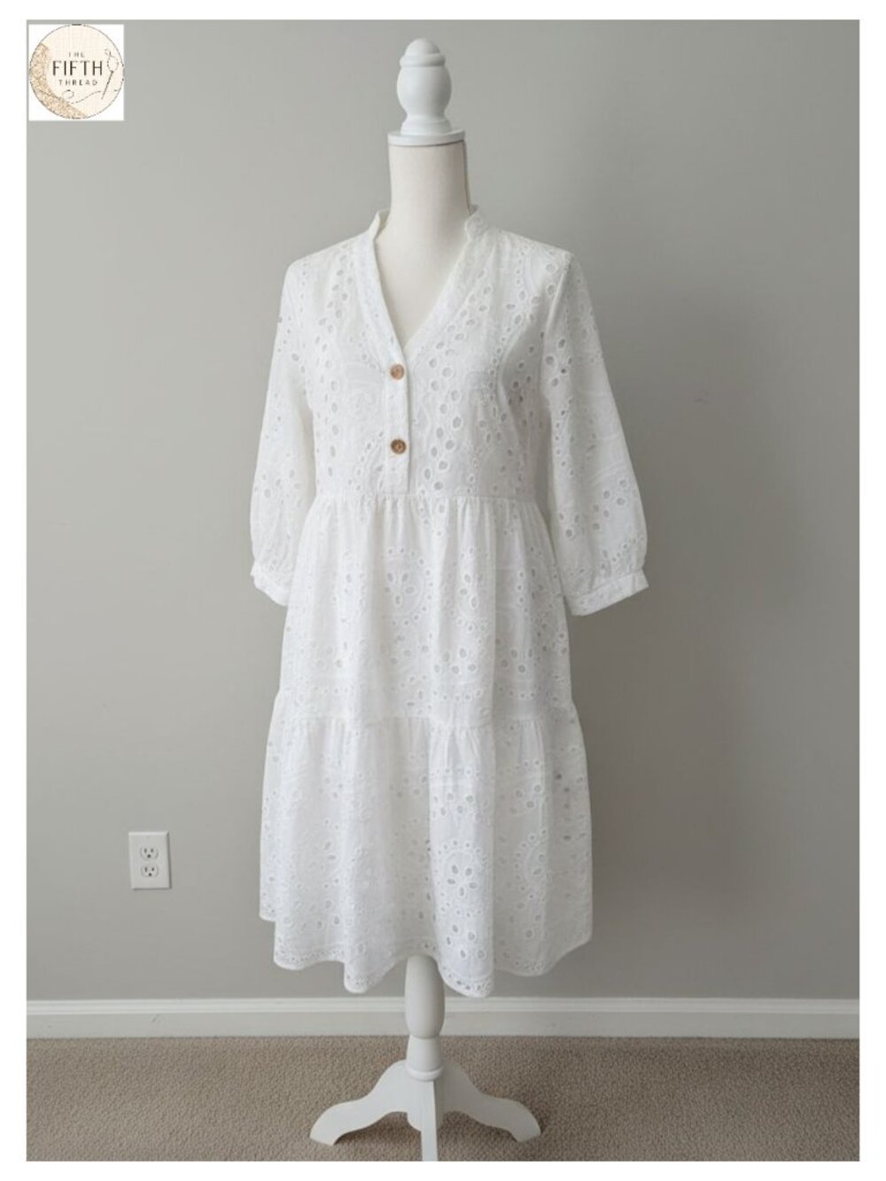 Women's Eyelet Lace Midi Dress V Neck Puff Sleeve Tiered A-Line Sun Dress